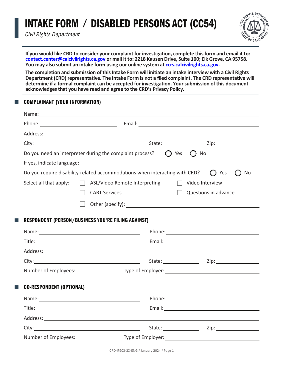 Form CRD-IF903-2X-ENG Intake Form - Disabled Persons Act (Cc54) - California, Page 1