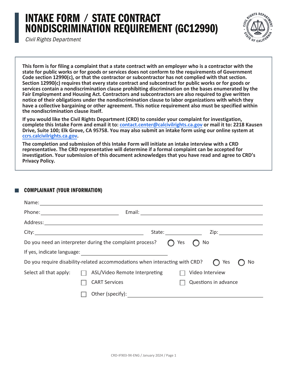 Form CRD-IF903-9X-ENG Intake Form - State Contract Nondiscrimination Requirement (Gc12990) - California, Page 1