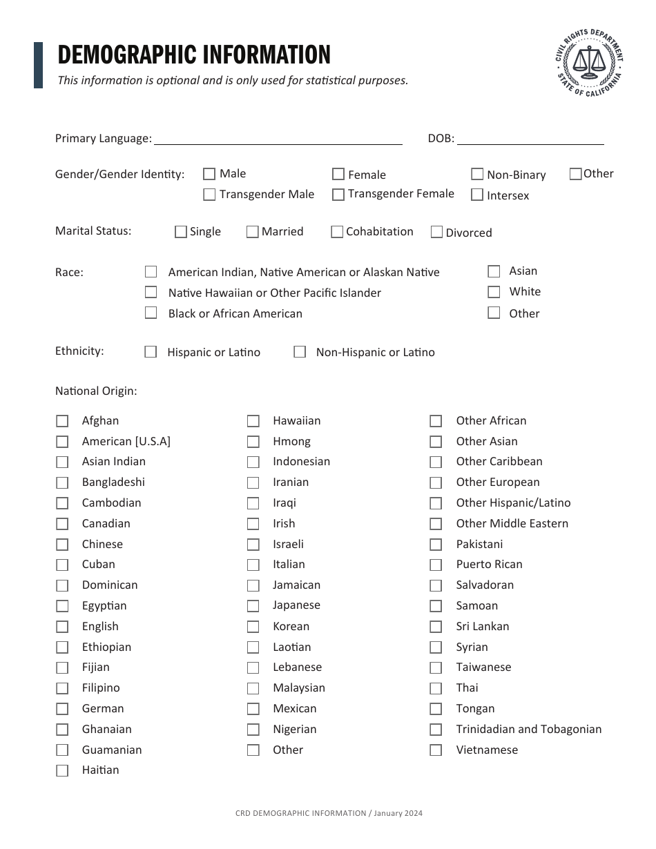 Form CRD-IF903-9X-ENG Intake Form - State Contract Nondiscrimination Requirement (Gc12990) - California, Page 4