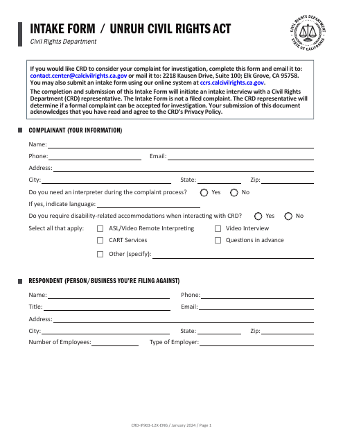 Form CRD-IF903-12X-ENG Intake Form - Unruh Civil Rights Act - California
