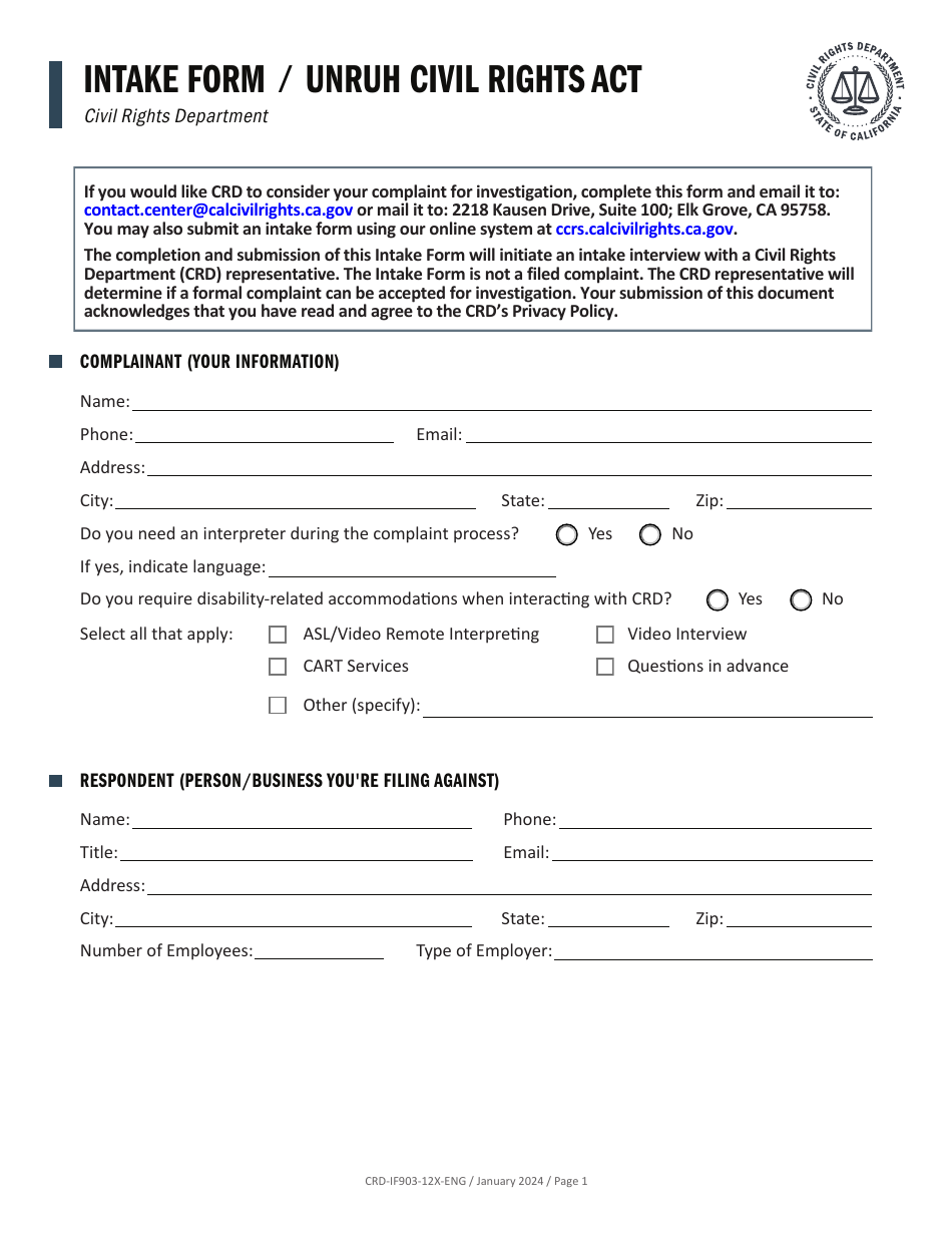 Form CRD-IF903-12X-ENG Intake Form - Unruh Civil Rights Act - California, Page 1