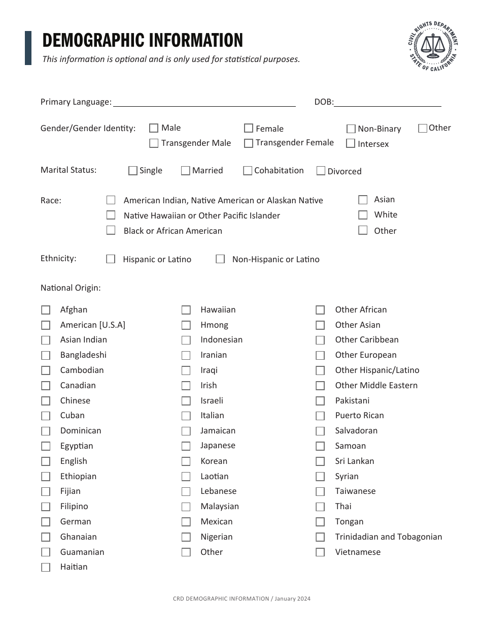 Form CRD-IF903-12X-ENG Intake Form - Unruh Civil Rights Act - California, Page 4