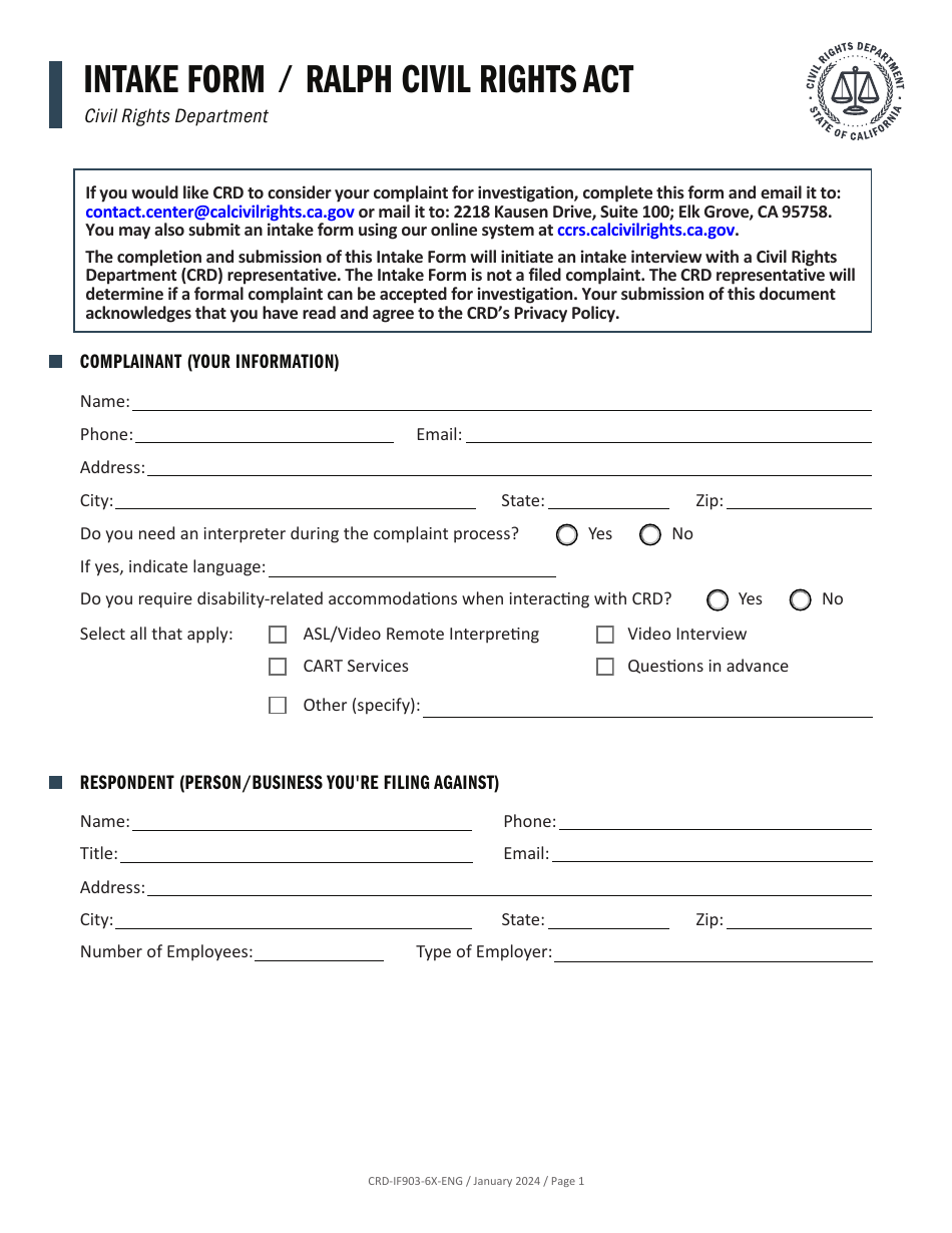 Form CRD-IF903-6X-ENG Download Fillable PDF or Fill Online Intake Form ...