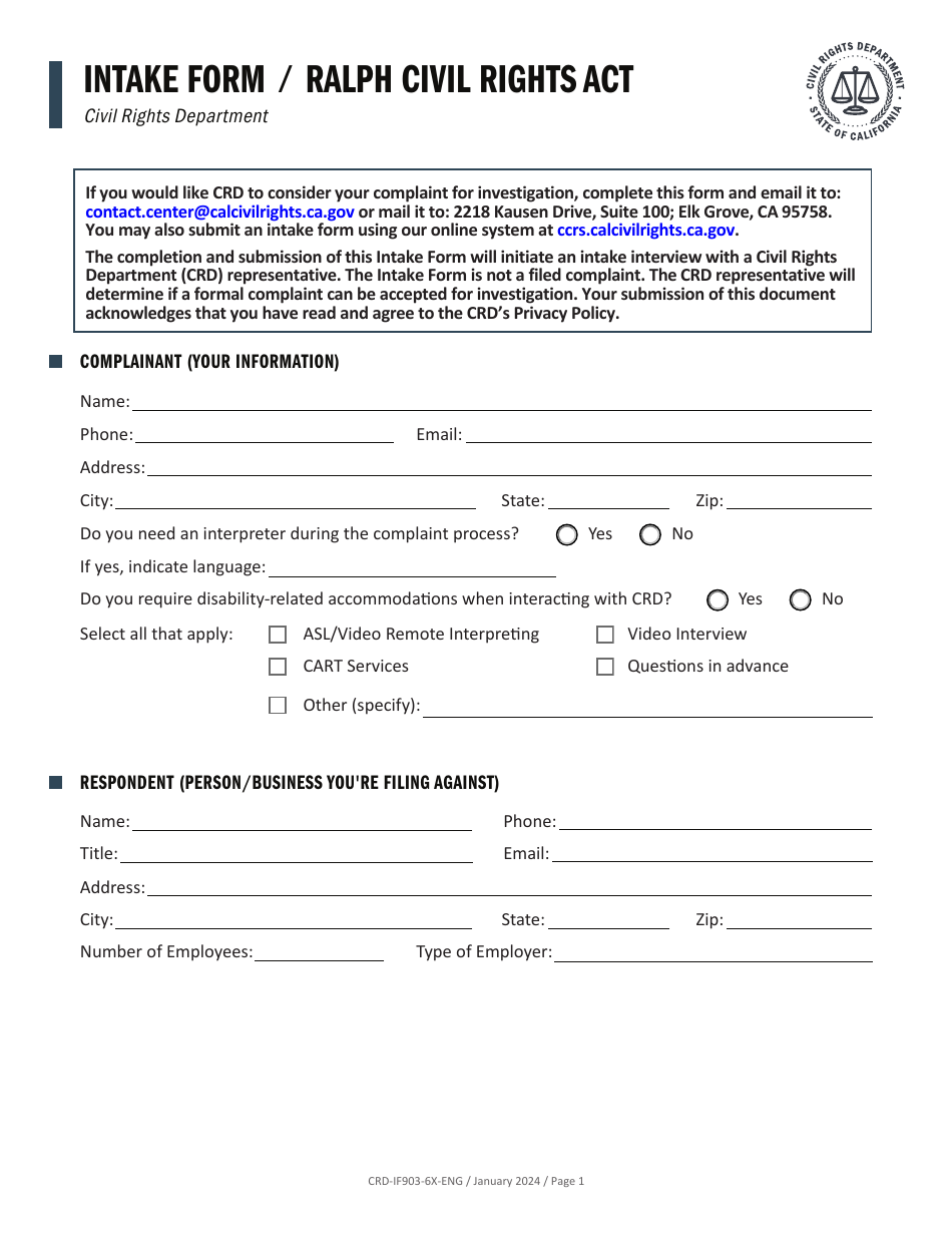 Form CRD-IF903-6X-ENG Intake Form - Ralph Civil Rights Act - California, Page 1