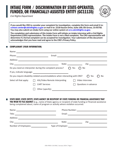 Form CRD-IF903-11X-ENG Intake Form - Discrimination by State-Operated, Funded, or Financially-Assisted Entity (Gc11135) - California