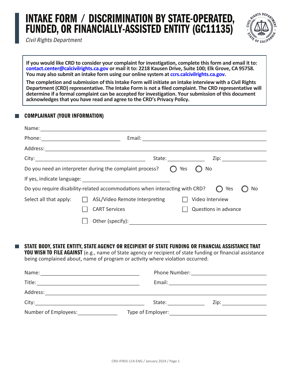 Form CRD-IF903-11X-ENG Intake Form - Discrimination by State-Operated, Funded, or Financially-Assisted Entity (Gc11135) - California, Page 1