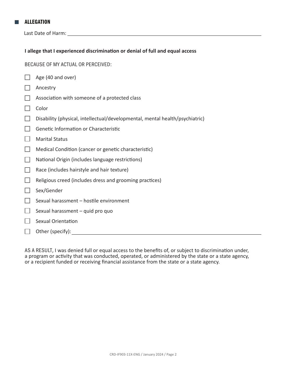 Form CRD-IF903-11X-ENG Intake Form - Discrimination by State-Operated, Funded, or Financially-Assisted Entity (Gc11135) - California, Page 2
