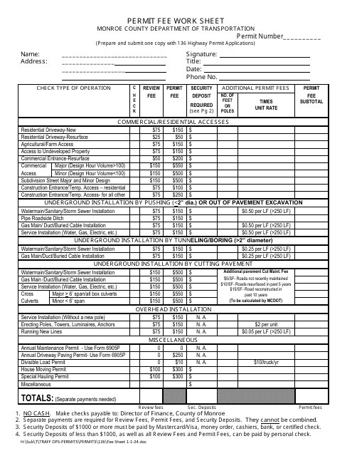 Permit Fee Work Sheet - Monroe County, New York