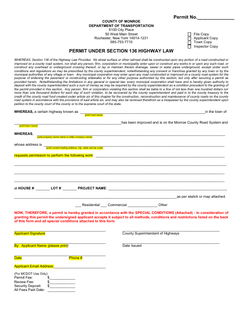 Permit Under Section 136 Highway Law - Monroe County, New York Download Pdf