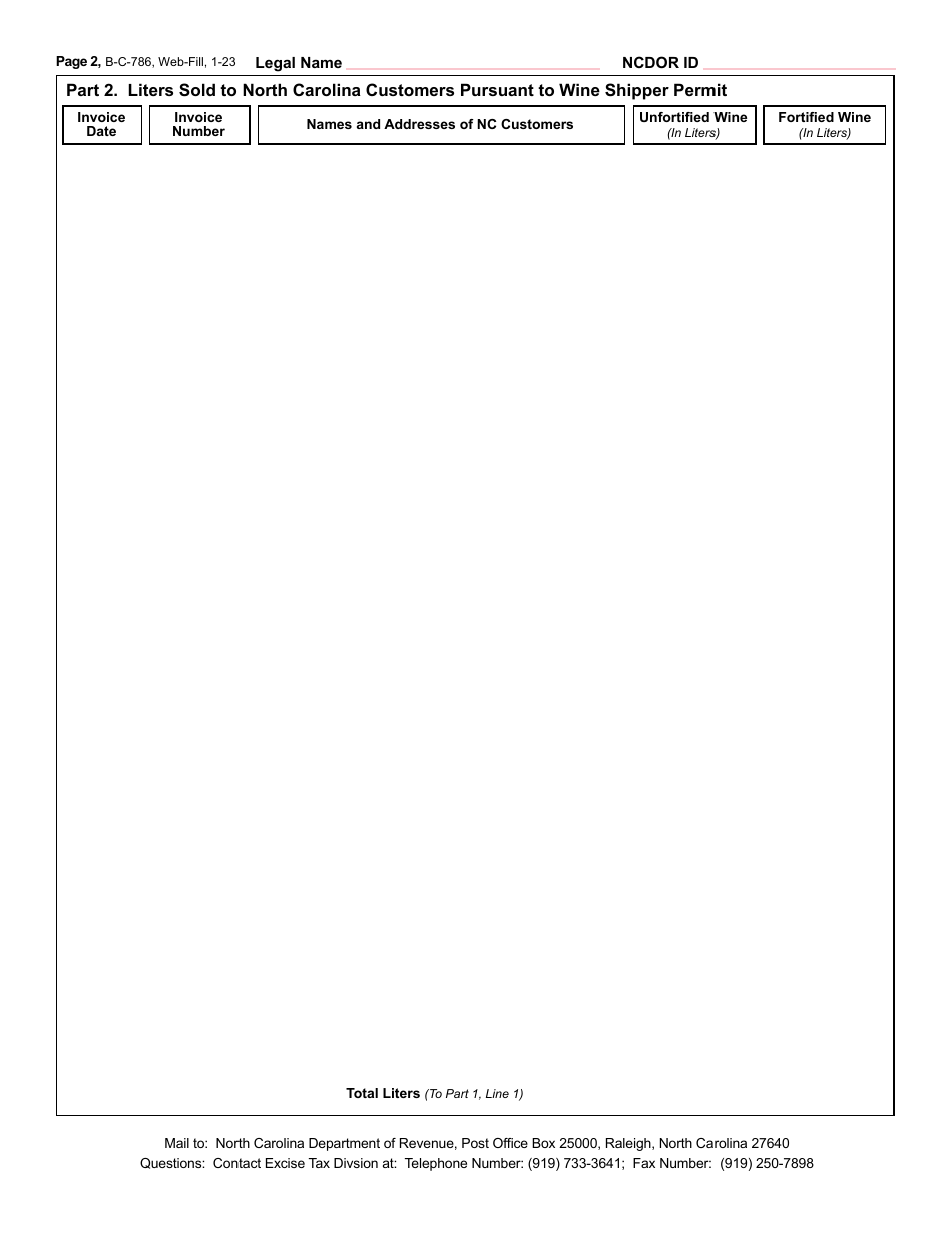 Form B-C-786 Wine Shipper Permittee Annual Excise Tax Return - North Carolina, Page 3