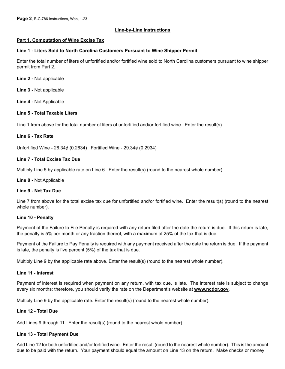 Instructions for Form B-C-786 Wine Shipper Permittee Annual Excise Tax Return - North Carolina, Page 2