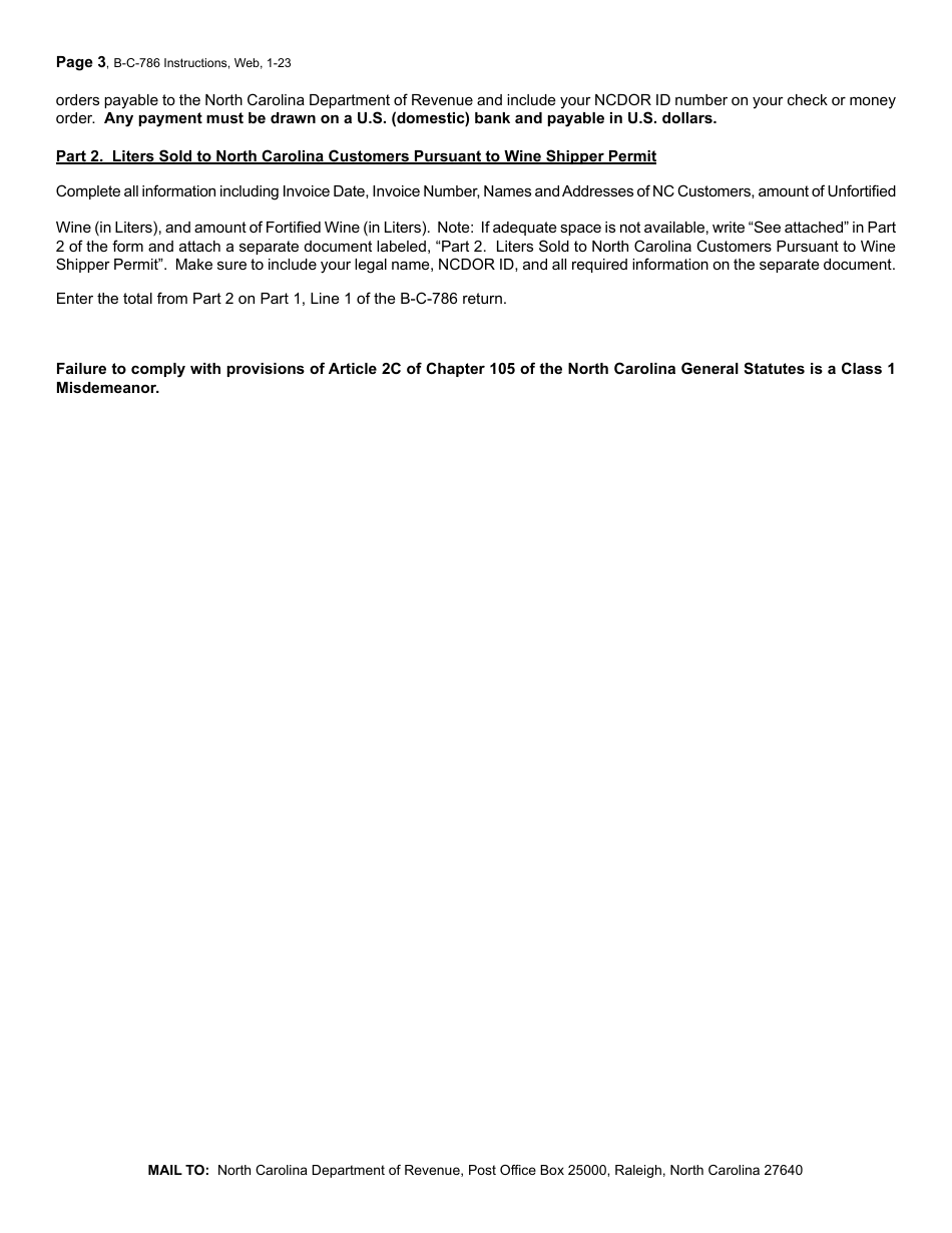 Instructions for Form B-C-786 Wine Shipper Permittee Annual Excise Tax Return - North Carolina, Page 3