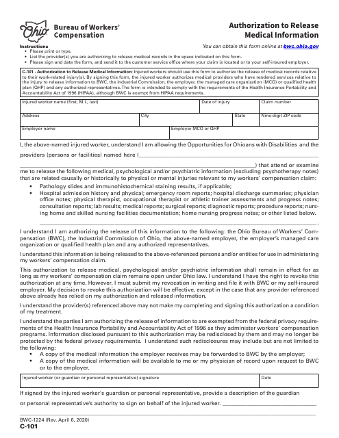 Form C-101 (BWC-1224) Authorization to Release Medical Information - Ohio