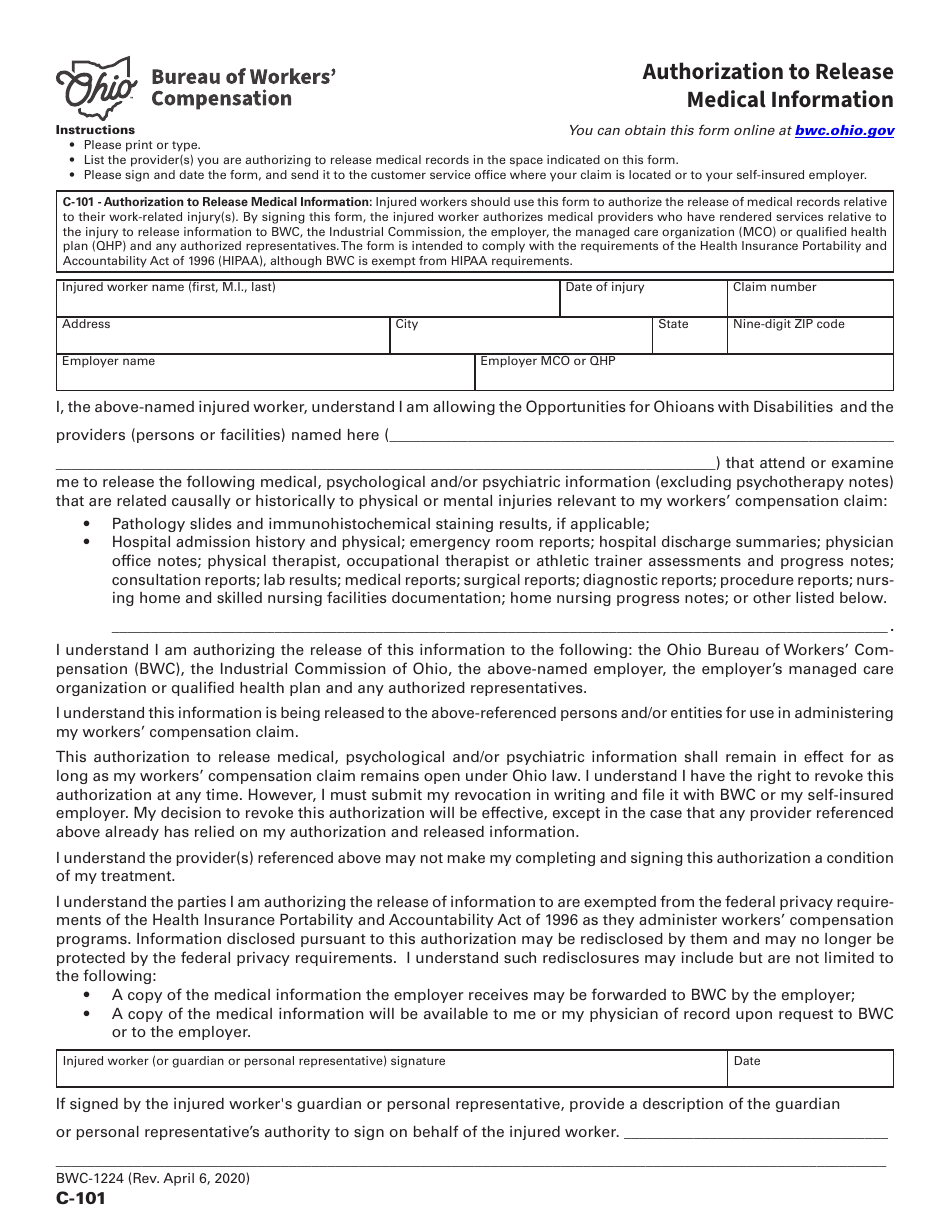 Form C-101 (BWC-1224) Authorization to Release Medical Information - Ohio, Page 1