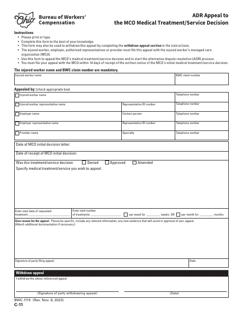 Form C-11 (BWC-1115) Adr Appeal to the Mco Medical Treatment/Service Decision - Ohio