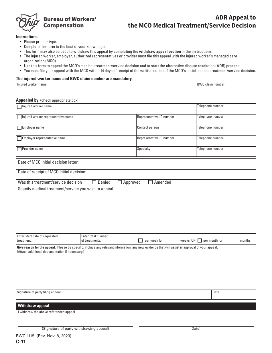 Form C-11 (BWC-1115) Adr Appeal to the Mco Medical Treatment / Service Decision - Ohio, Page 1