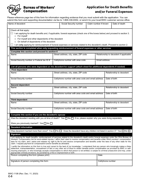 Form C-5 (BWC-1108) Application for Death Benefits and/or Funeral Expenses - Ohio