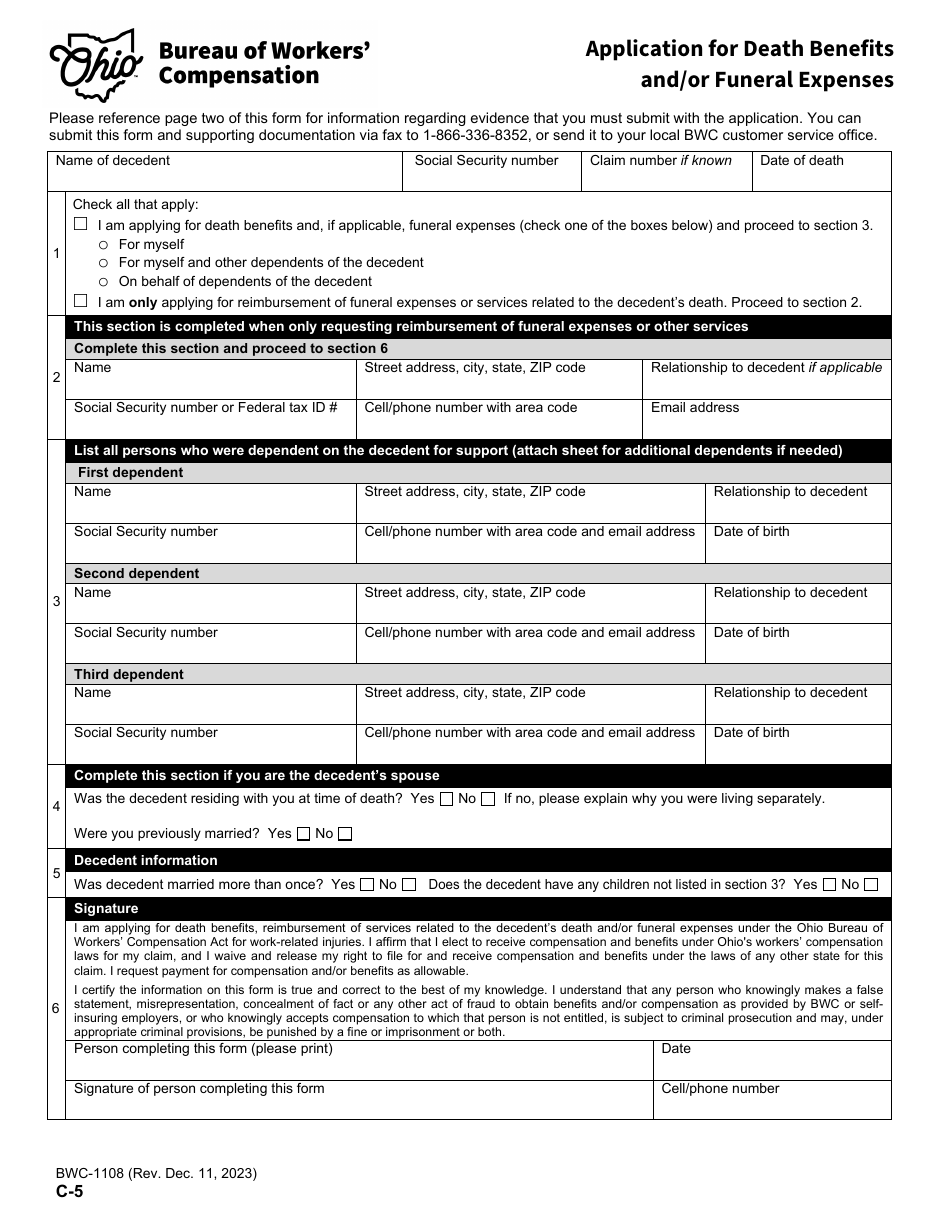 Form C-5 (BWC-1108) Application for Death Benefits and / or Funeral Expenses - Ohio, Page 1