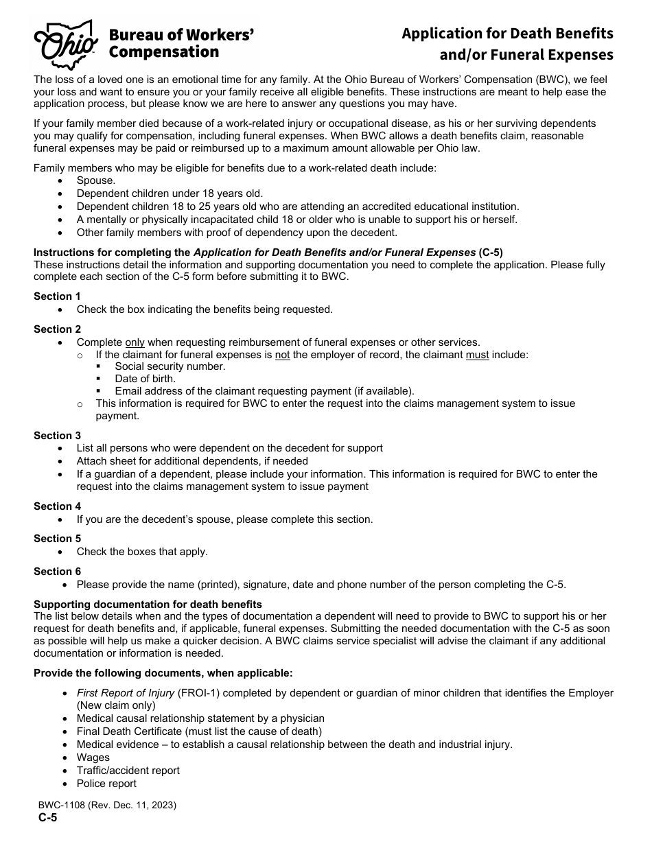 Form C-5 (BWC-1108) Application for Death Benefits and / or Funeral Expenses - Ohio, Page 2