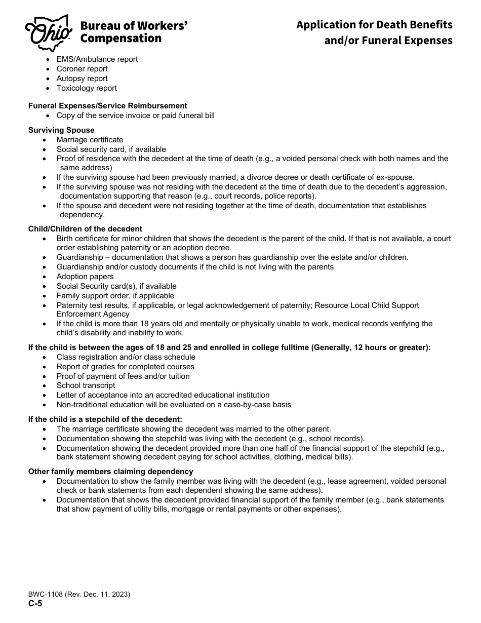 Form C-5 (BWC-1108) Application for Death Benefits and / or Funeral Expenses - Ohio, Page 3