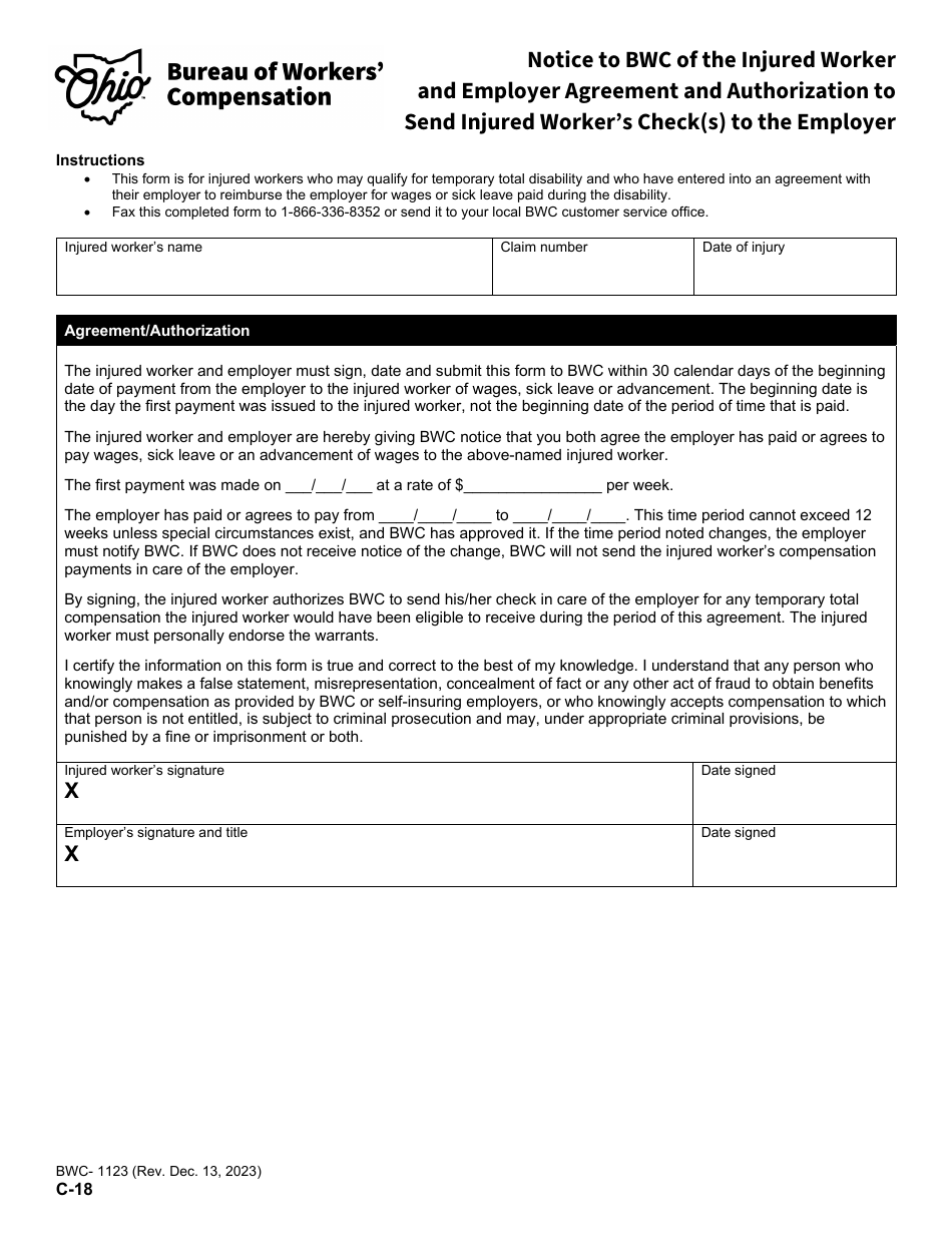 Form C-18 (BWC-1123) Notice to Bwc of the Injured Worker and Employer Agreement and Authorization to Send Injured Workers Check(S) to the Employer - Ohio, Page 1