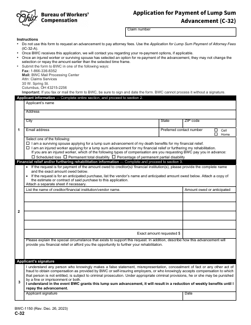 Form C-32 (BWC-1150) Application for Payment of Lump Sum Advancement - Ohio