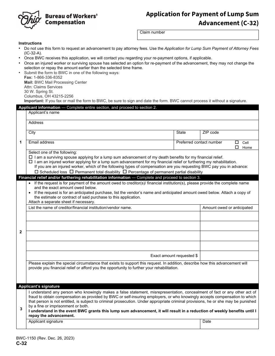 Form C-32 (BWC-1150) Application for Payment of Lump Sum Advancement - Ohio, Page 1