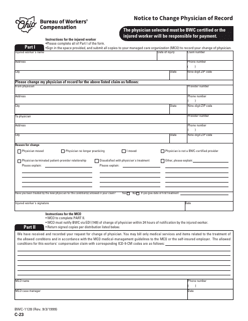 Form C-23 (BWC-1128) Notice to Change Physician of Record - Ohio