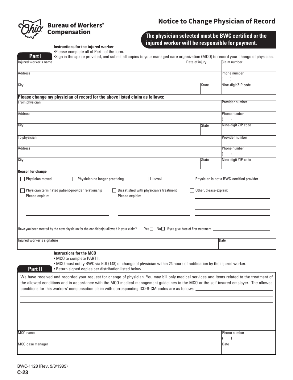 Form C-23 (BWC-1128) Notice to Change Physician of Record - Ohio, Page 1