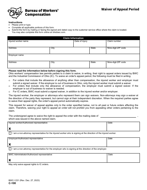 Form C-108 (BWC-1231) Waiver of Appeal Period - Ohio