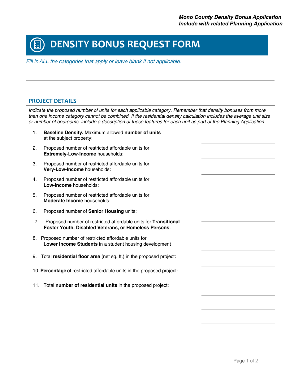 Mono County, California Density Bonus Application Fill Out, Sign