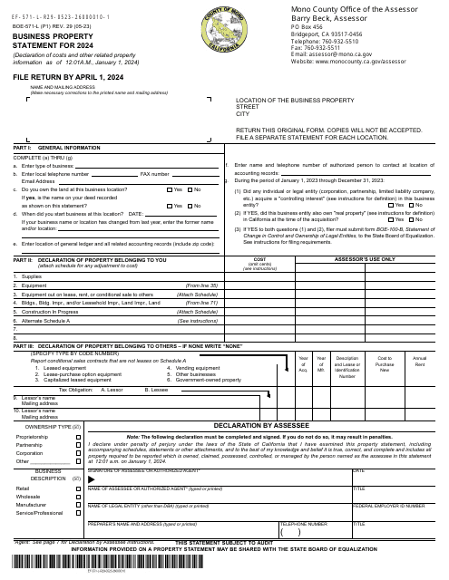 Form BOE-571-L Business Property Statement - Mono County, California, 2024