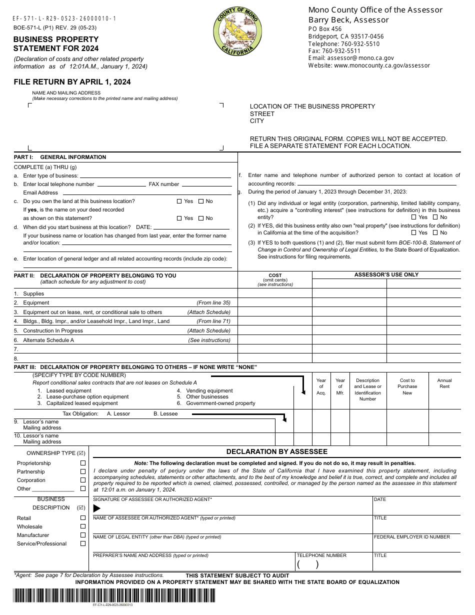 Form BOE-571-L Business Property Statement - Mono County, California, Page 1