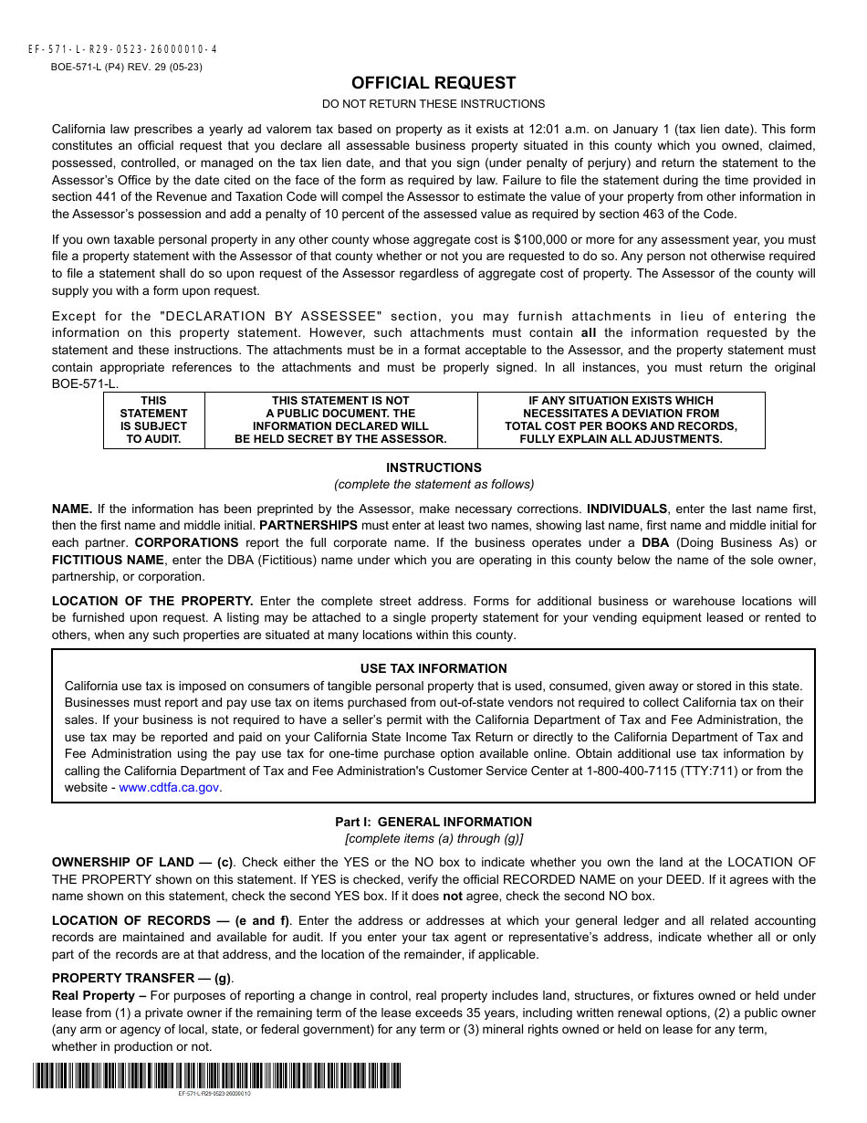 Form BOE-571-L Business Property Statement - Mono County, California, Page 4