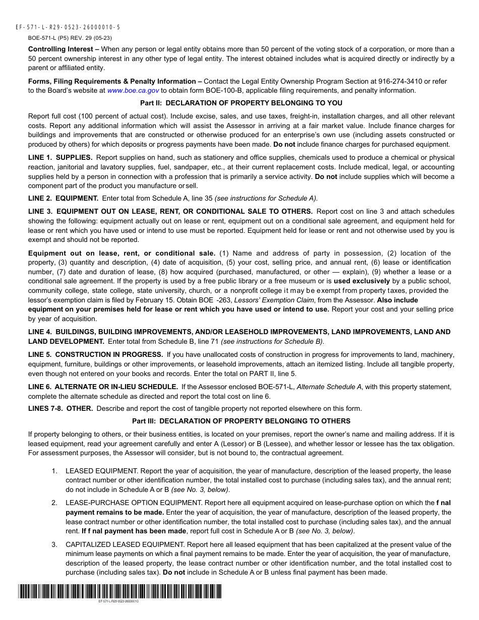 Form BOE-571-L Business Property Statement - Mono County, California, Page 5
