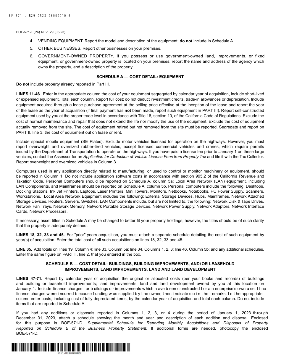 Form BOE-571-L Business Property Statement - Mono County, California, Page 6