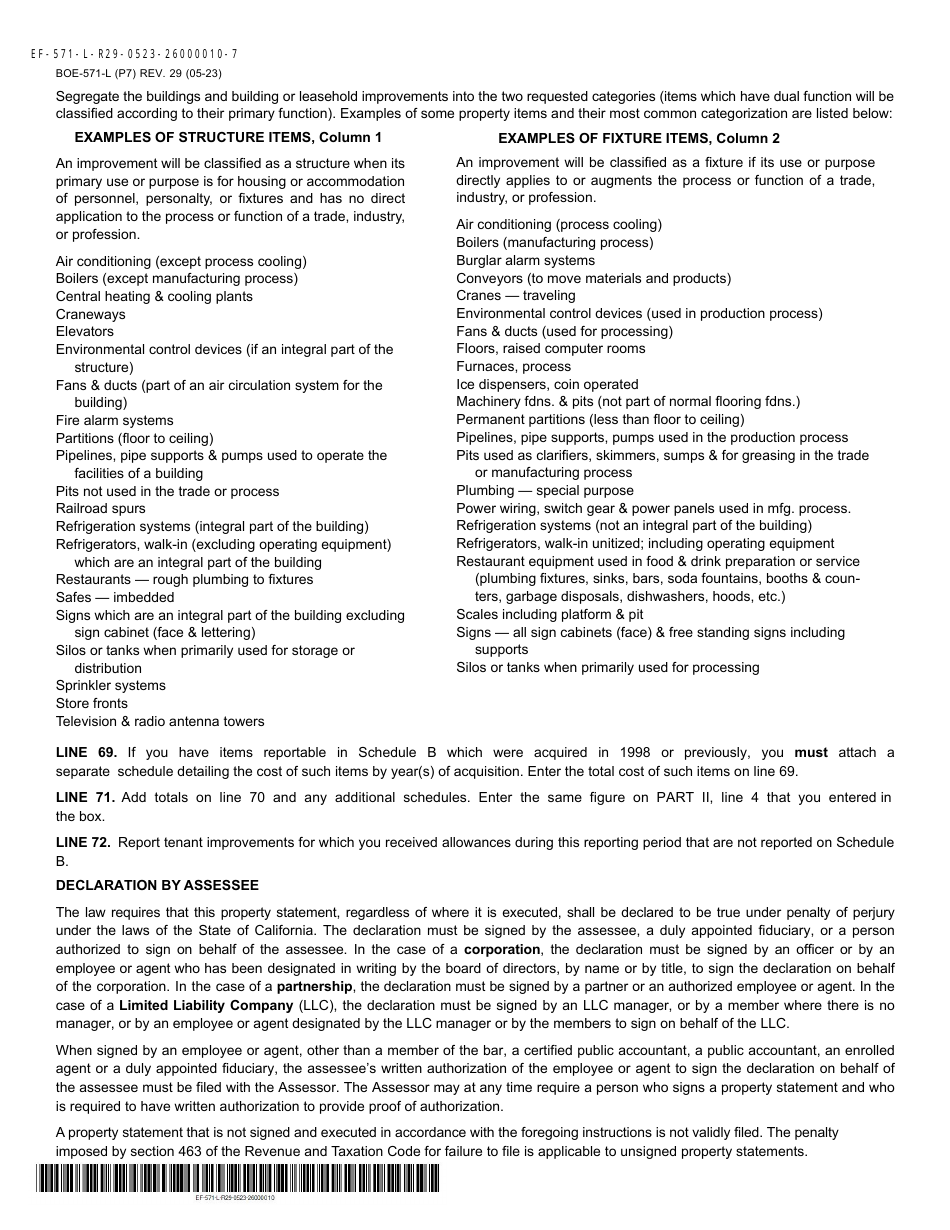 Form BOE-571-L Business Property Statement - Mono County, California, Page 7