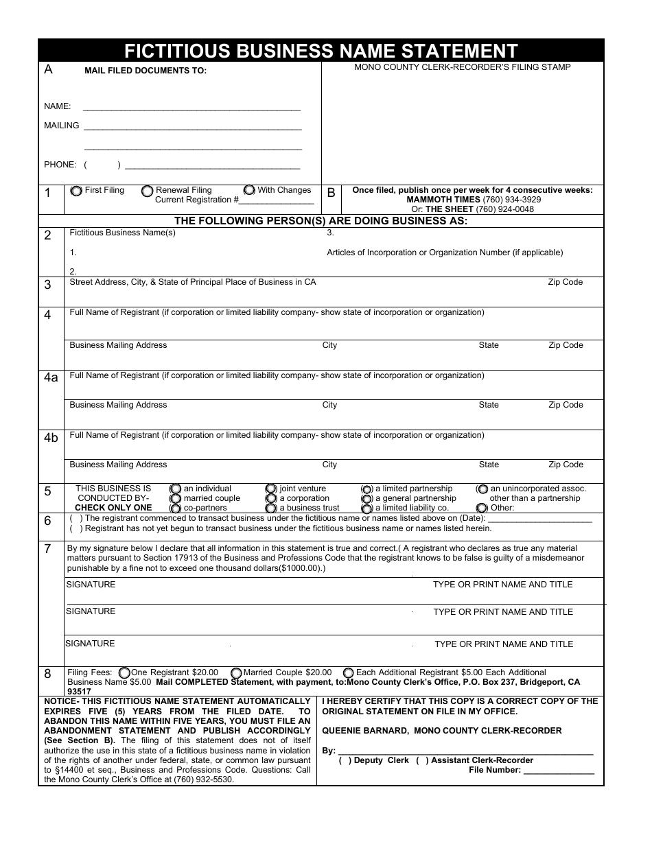 Mono County California Fictitious Business Name Application Fill Out Sign Online And 5368