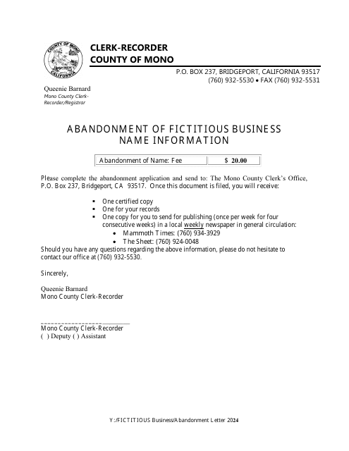Abandonment of Fictitious Business Name Information - Mono County, California, 2024