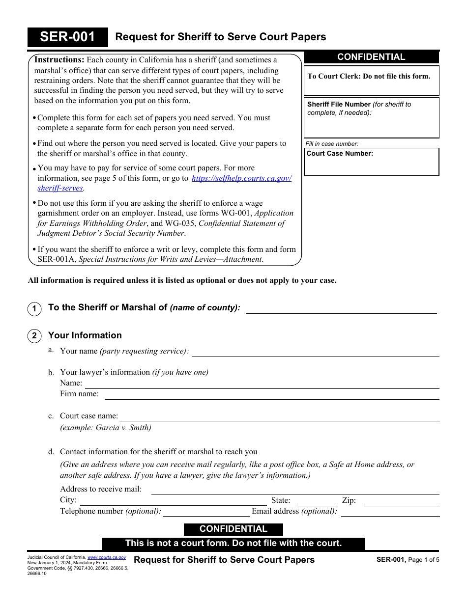 Form SER-001 Request for Sheriff to Serve Court Papers - California, Page 1
