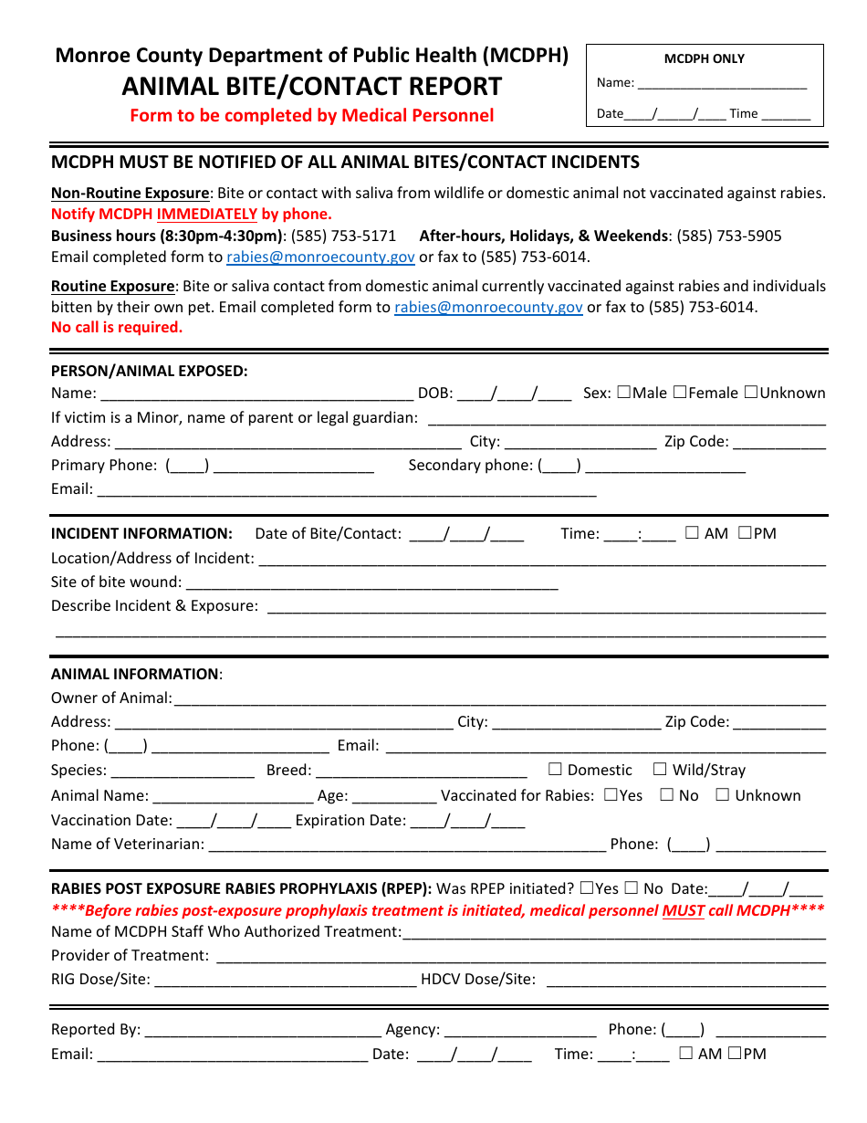 Monroe County, New York Animal Bite/Contact Report - Fill Out, Sign ...