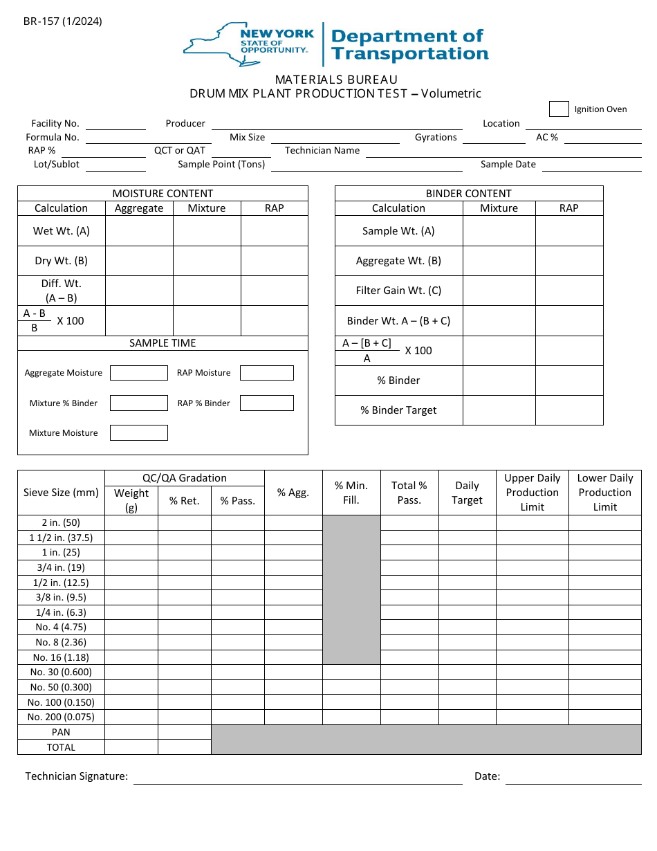 Form BR-157 Drum Mix Plant Production Test - Volumetric - New York, Page 1