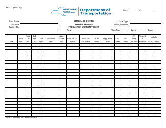Document preview: Form BR-331 Asphalt Mixture Production Summary Sheet - New York