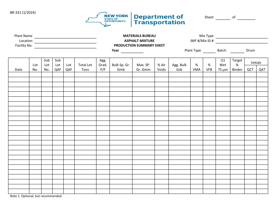 Form BR-331 Asphalt Mixture Production Summary Sheet - New York, Page 1
