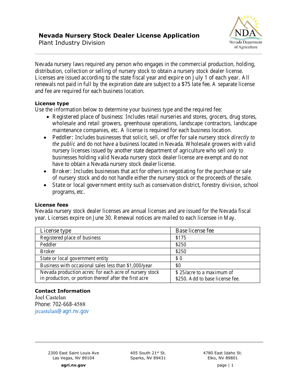 Nevada Nevada Nursery Stock Dealer License Application Fill Out, Sign