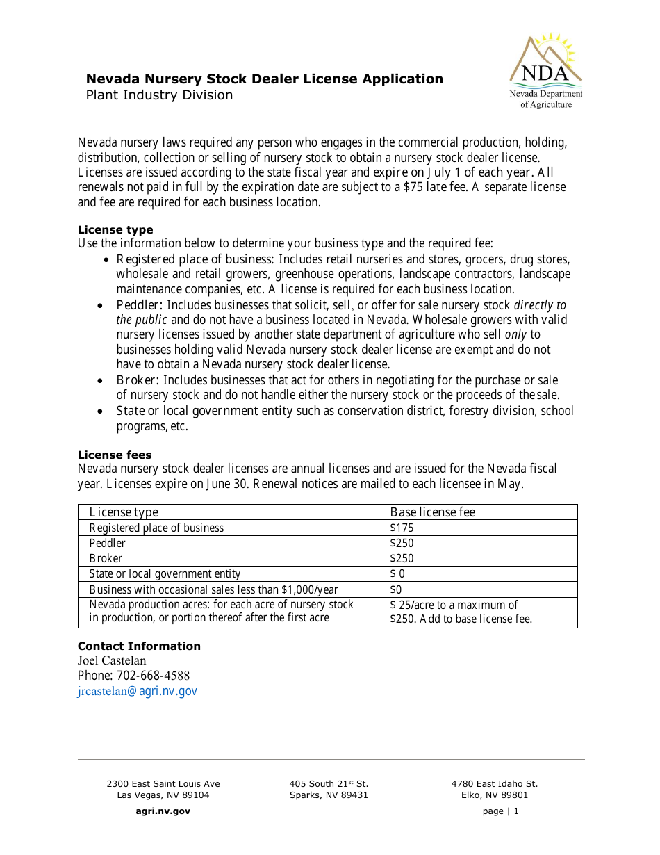 Nevada Nursery Stock Dealer License Application - Nevada, Page 1