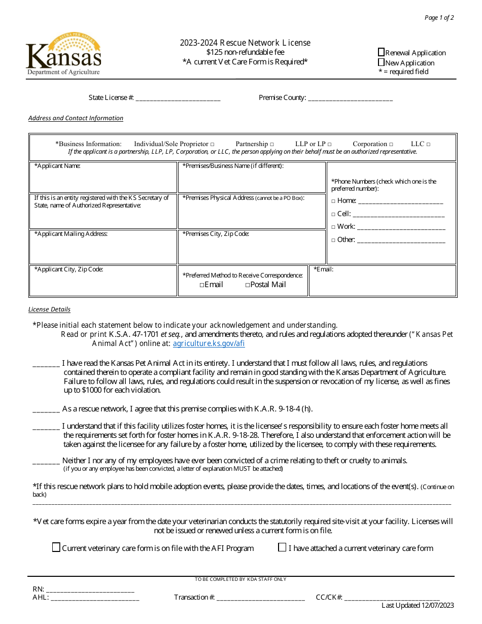 Rescue Network License Application - Kansas, Page 1