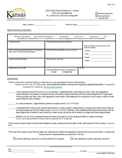 Rescue Network License Application - Kansas Download Pdf