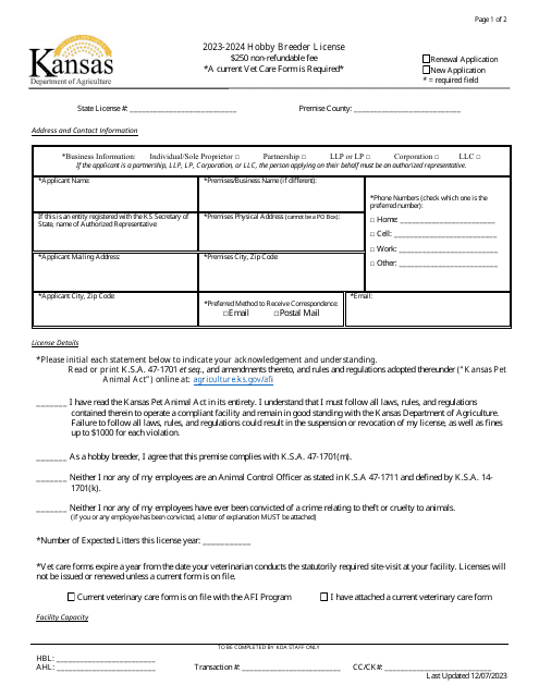Hobby Breeder License Application - Kansas, 2024