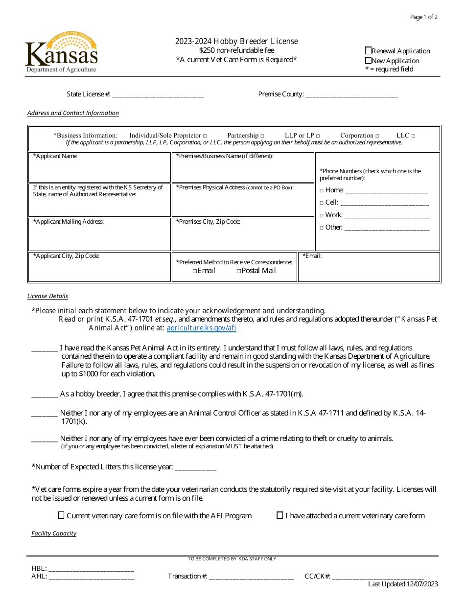 Hobby Breeder License Application - Kansas, Page 1